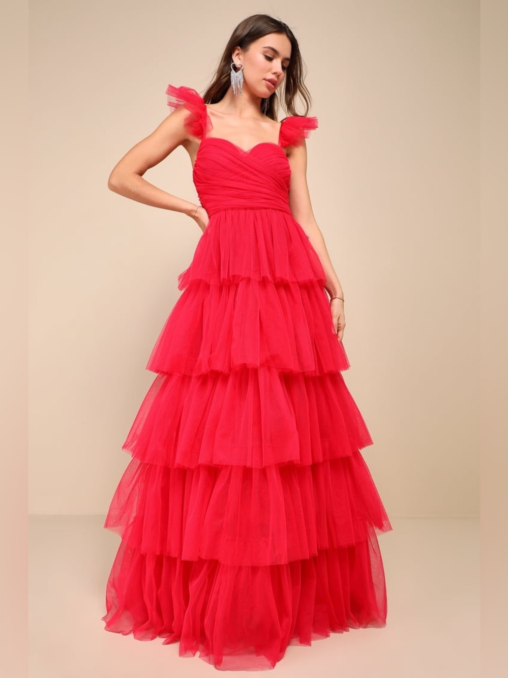 Lulus Fabulous Poise Bright Red Tulle Ruffled Tiered Maxi Dress Size M NWT